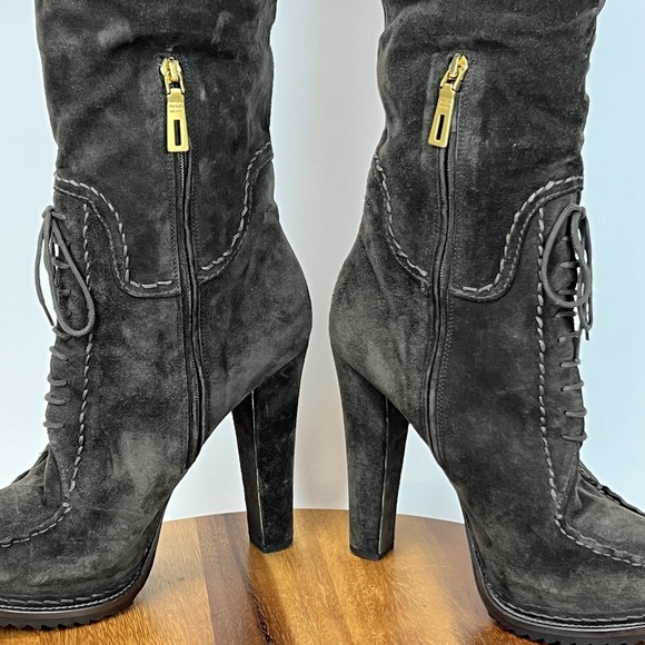 Womens Prada Brown Suede Lace Up Block Heel Platform Tall Boots Size EU 38.5 - Picture 4 of 14